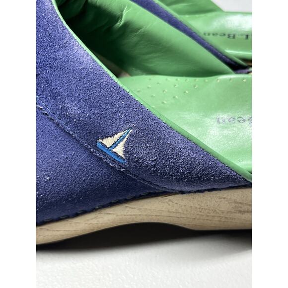 LL Bean Slide Clogs Womens 8 Blue Suede Sailboat Logo Slip On Preppy Coastal - Picture 9 of 13